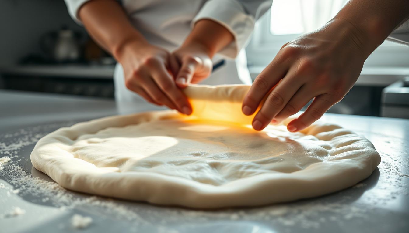 A close-up view of a chef's hands carefully kneading and stretching a light, airy pizza dough. The dough has a soft, pillowy texture, glistening with a light coating of olive oil. The kitchen counter is clean and well-lit, with natural sunlight streaming in from a nearby window, casting a warm, inviting glow on the scene. The chef's movements are purposeful and well-practiced, as they expertly manipulate the dough, guiding it into a perfect circular shape. The atmosphere is calm and focused, conveying the care and attention required to achieve the perfect pizza crust rise.