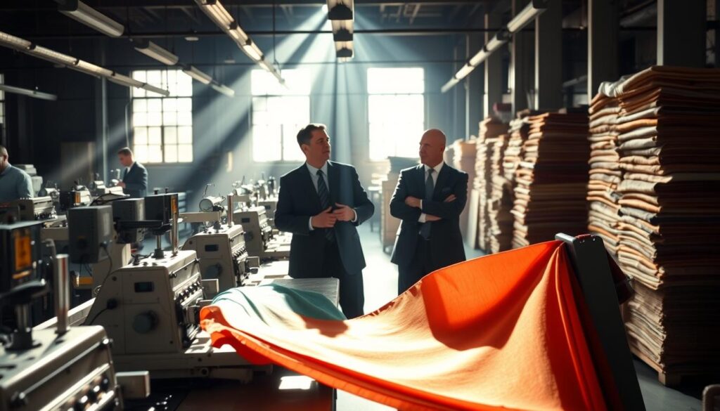 A dimly lit factory floor, conveyor belts and sewing machines in full operation. Government officials in business attire surveying the scene, deep in discussion. Rays of light stream through high windows, casting a warm, pensive atmosphere. In the foreground, a worker holding a bolt of vibrant, high-quality textile, showcasing the industry's potential. The background features stacks of finished products, hinting at the scale and importance of this sector. Subtle hints of collaboration and problem-solving between the government and industry leaders. A sense of urgency and determination to find solutions to revive this crucial part of the national economy.
