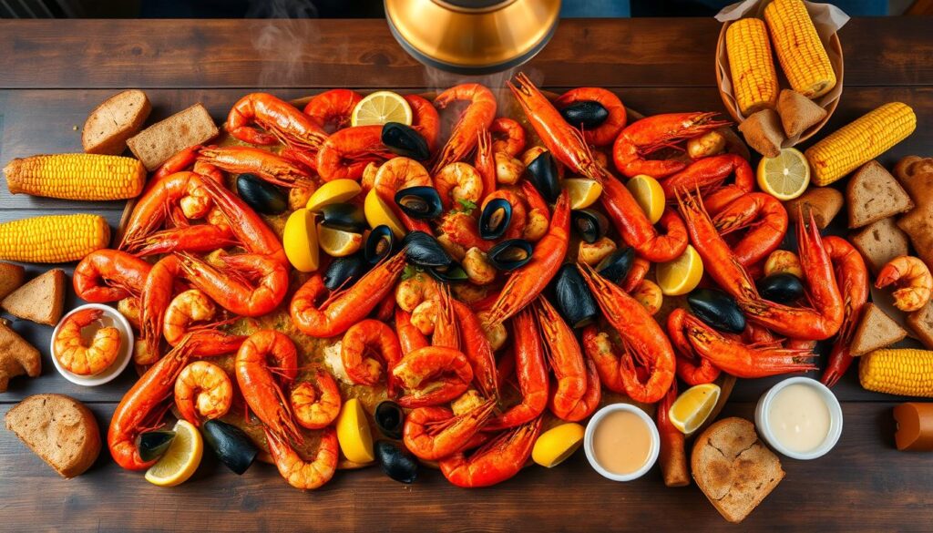 A grand seafood boil spread out on a rustic wooden table, overflowing with succulent shrimp, juicy crawfish, tender crab legs, and plump mussels, all simmered in a zesty Cajun-inspired broth. The vibrant colors of the seafood create a visually striking centerpiece, surrounded by lemon wedges, corn on the cob, and crispy French bread for dipping. Overhead, a warm, golden light casts a cozy glow, while the steam rises, adding to the enticing aroma. The scene evokes the laidback, communal spirit of an authentic American seafood boil experience, perfect for savoring with friends and family.