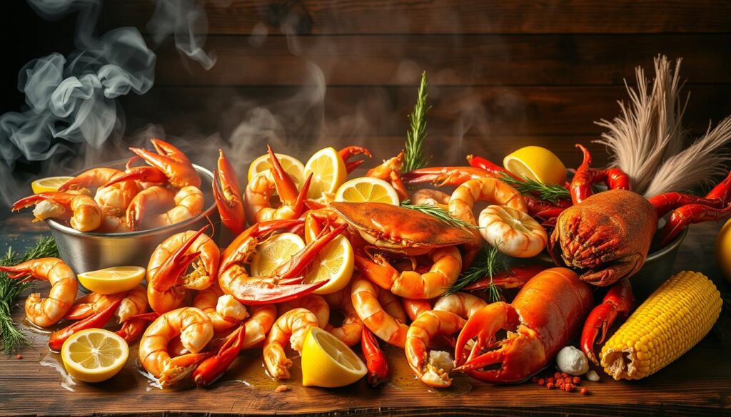 A visually arresting seafood boil spread, showcasing a mouthwatering array of shrimp, crab, and lobster simmered in a flavorful broth. The scene is set against a backdrop of rustic wooden planks, with steam gently rising, creating an inviting and atmospheric ambiance. Vibrant pops of color from lemon wedges, corn on the cob, and spices add depth and visual interest. The arrangement is lit by warm, diffused lighting, casting a soft, appetizing glow over the entire composition. The overall impression is one of a globally-inspired, yet quintessentially American culinary delight, capturing the essence of the "Seafood Boil: Tren Kuliner yang Mendunia".