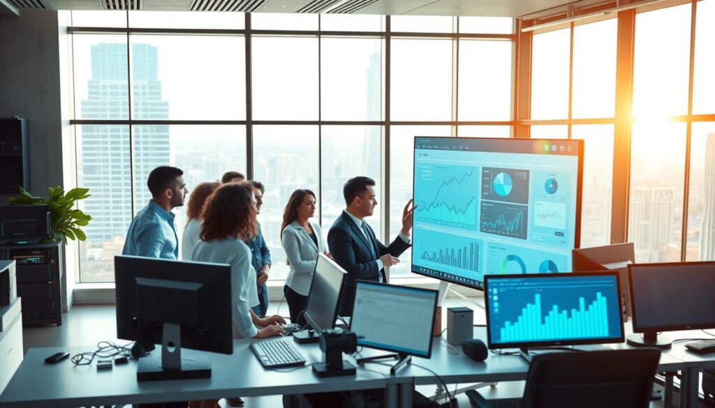 A dynamic and modern office environment showcasing the implementation of an enterprise platform. In the foreground, a diverse team of professionals in business attire collaborates around a large digital display, analyzing data visualizations and charts. The middle ground features sleek workstations equipped with advanced computing hardware and AI technology, signifying innovation and efficiency. In the background, large windows overlook a bustling cityscape, with bright, natural lighting illuminating the scene, creating an ambiance of optimism and forward-thinking. The atmosphere is focused and energetic, embodying the synergy of AI and business advancements, emphasizing teamwork and collaboration in a high-tech setting.