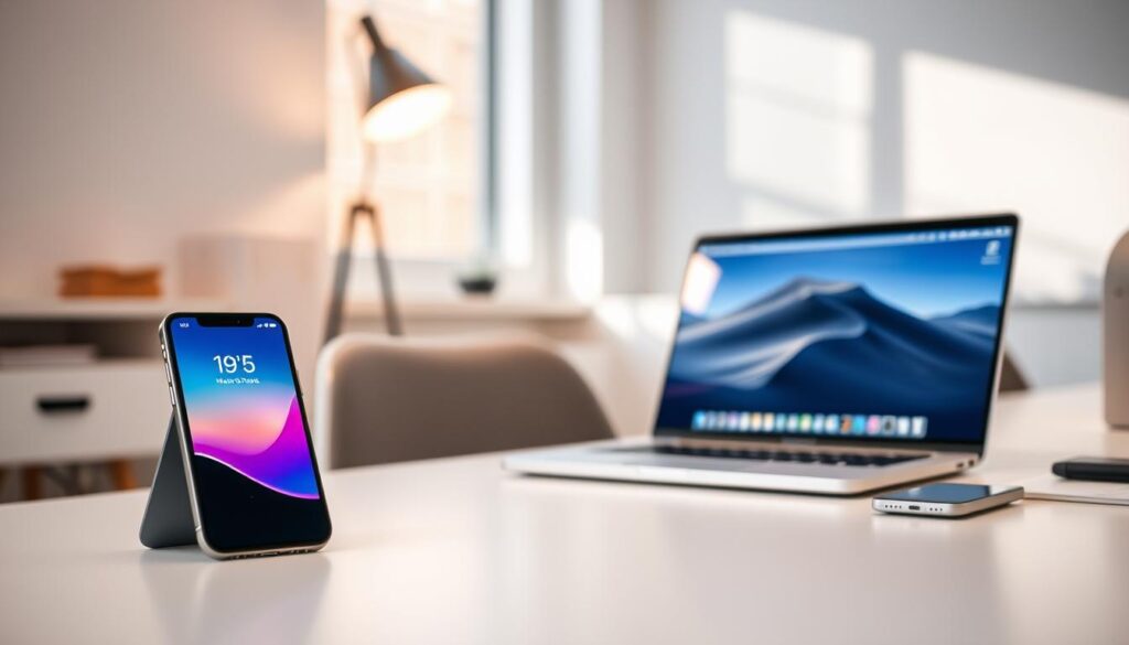A modern, sophisticated workspace showcasing unique features of iOS. In the foreground, an elegant desk with the latest iPhone displaying the iOS interface, highlighting its sleek design. Include a well-organized MacBook open beside it, showing the seamless integration of iOS with macOS. In the middle ground, a stylish chair and a minimalistic lamp create a balanced composition. Soft, diffused natural lighting comes from a window in the background, casting gentle shadows. Use a shallow depth of field to focus on the iPhone and MacBook, with a blurred background featuring soft colors that evoke a tech-savvy atmosphere. The mood is professional and innovative, emphasizing the user-friendly nature of iOS.