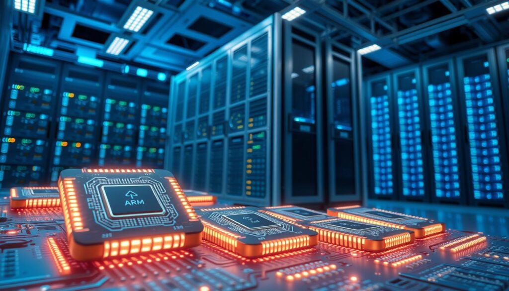 A detailed technical illustration of the Fugaku supercomputer, showcasing its impressive specifications and unique ARM architecture. In the foreground, display a close-up of the ARM chips with intricate circuit designs illuminated by soft LED lighting, emphasizing their advanced technology. The middle ground should feature the sleek, metallic casing of the supercomputer, with cooling systems and data ports artistically arranged. In the background, a data center environment with rows of high-tech equipment should be visible, bathed in a cool blue light to convey a sense of cutting-edge innovation. Capture the scene from a slightly elevated angle to provide depth and focus on the supercomputer's major components, creating a mood of sophistication and technological prowess.