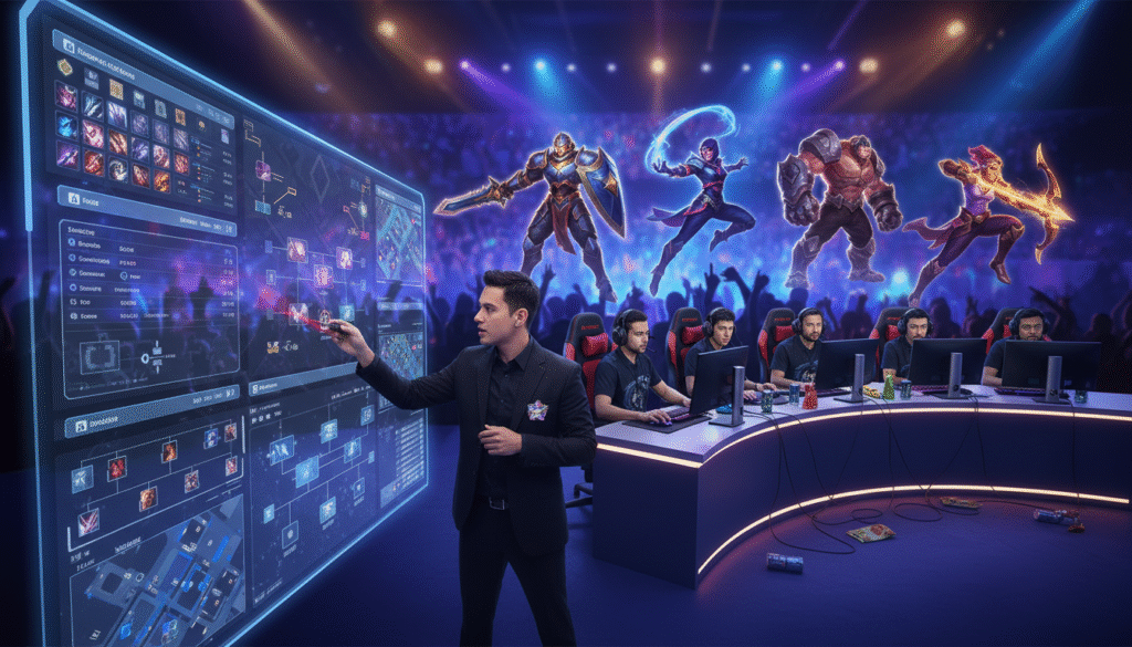 A dynamic scene depicting a strategic draft pick in a Mobile Legends setting, featuring five diverse heroes in action poses representing different play styles, each with distinct armor and weaponry, showcasing their unique abilities. The foreground highlights a large digital screen displaying strategies and hero statistics, with a focused analyst in professional attire pointing towards it, conveying a deep discussion about strategy and draft picks. In the middle ground, an intense atmosphere presents a team of gamers strategizing and communicating, surrounded by gaming equipment and energy drinks. The background fades into blurred silhouettes of an audience, illuminated by colorful stage lights that enhance the competitive mood. The overall composition captures a balance between excitement and analytical focus, emphasizing a critical moment in a gaming strategy meeting.