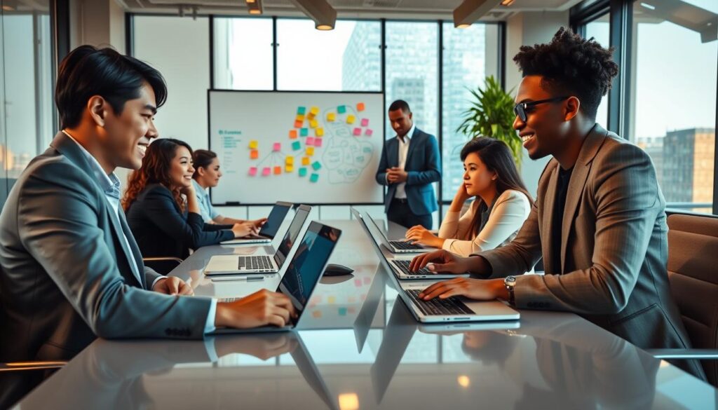 A modern office setting featuring a group of diverse professionals engaged in a brainstorming session using artificial intelligence tools on laptops. In the foreground, show a person of Asian descent and a person of African descent seated at a sleek conference table, with laptops open, visibly excited while discussing ideas. The middle ground includes a whiteboard filled with colorful diagrams and sticky notes, representing the flow of ideas. In the background, large windows allow natural light to flood the room, enhancing the collaborative atmosphere. Warm lighting creates an inviting mood, while the camera angle captures the dynamic interaction of the team. Emphasize a sense of creativity and innovation in the scene, ensuring all individuals are dressed in smart business attire.