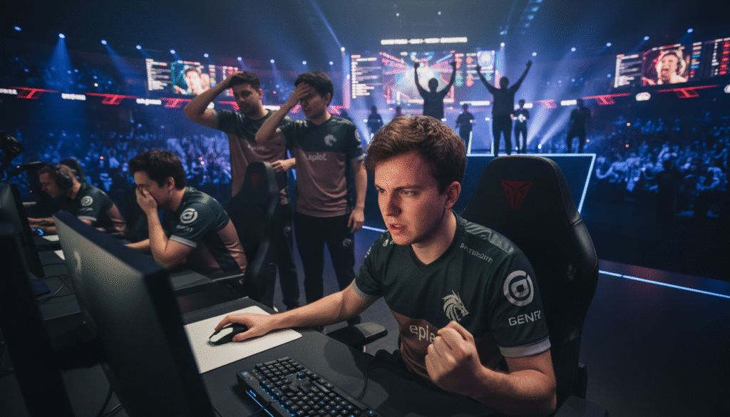 A tense esports arena during a high-stakes tournament, focusing on an intense player in professional gaming attire, sitting at a sleek, high-tech gaming setup. The foreground captures the player's determined expression, sweat on their brow, and clenched fists, illustrating psychological pressure. In the middle ground, teammates are visibly concerned, with anxious body language, while opponents can be seen celebrating in the background, their powerful silhouettes contrasting the player's struggle. Soft, dramatic lighting highlights the player's features, while shadows suggest an overwhelming atmosphere. The overall mood is one of tension and mental struggle, emphasizing the psychological factors influencing competitive performance. The camera angle is slightly tilted from above, enhancing the feeling of pressure and focus in the scene.