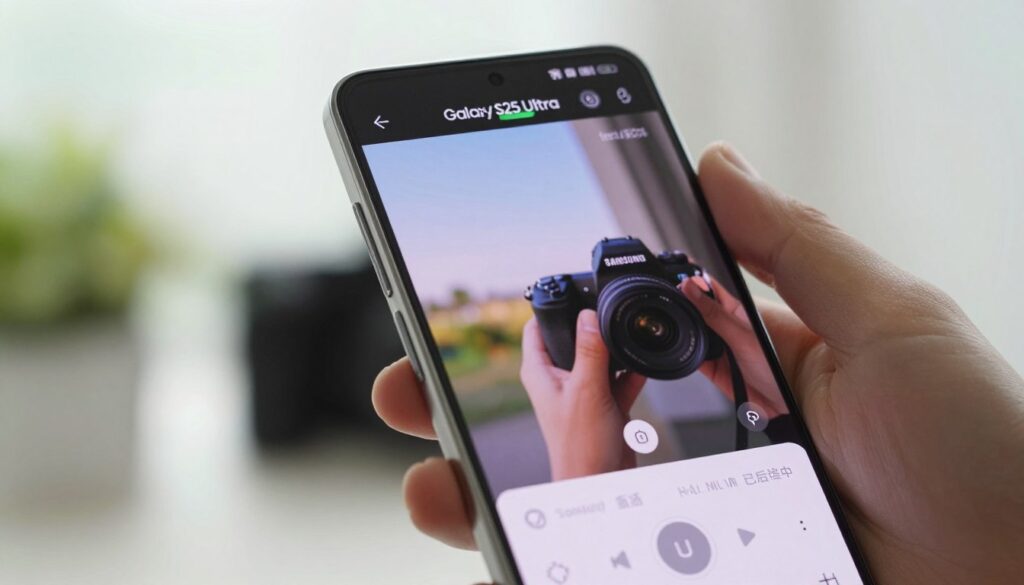 A close-up of the Samsung Galaxy S25 Ultra camera interface, showcasing its advanced features and user-friendly layout. The foreground should highlight the phone's sleek design in a realistic, modern setting, displaying the screen with vibrant color settings and professional photography options. In the middle, softly blurred, include a hand using the camera, demonstrating ease of use. The background features a well-lit environment with soft natural light, evoking a serene atmosphere ideal for photography. Use a shallow depth of field to emphasize the camera’s interface while maintaining a seamless blend into the environment. Aim for a polished, informative mood that resonates with enthusiasts seeking user-friendly photography tools.