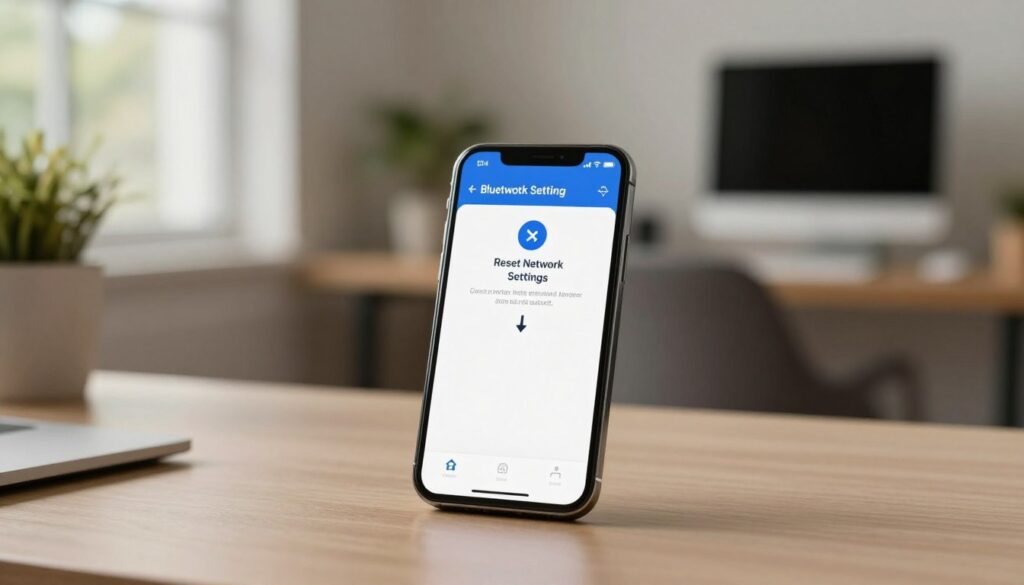 A close-up view of a smartphone displaying a Bluetooth settings screen, with an arrow indicating the "Reset Network Settings" option. The foreground features a clean, modern workspace with a neutral-colored desk and minimalistic decor. In the middle, the phone's screen glows softly, casting a gentle light on the surrounding area, emphasizing its importance. The background includes a calming, out-of-focus image of a home office with greenery visible through a window, creating a serene atmosphere. The lighting is warm and inviting, suggesting a sense of clarity and resolution. The mood is focused and professional, highlighting the concept of troubleshooting and solving connectivity issues effectively.