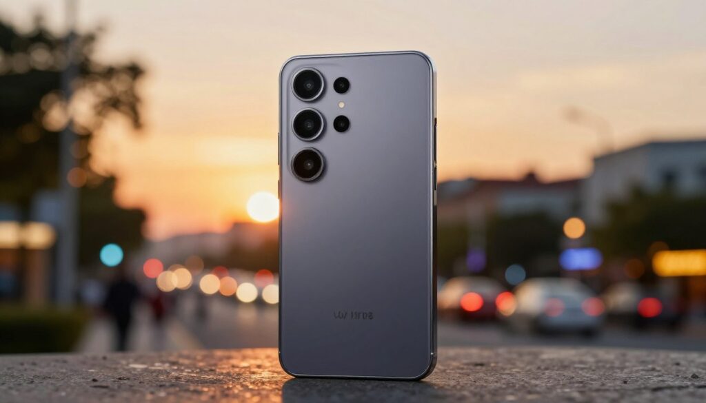 A sleek, modern Galaxy S25 Ultra smartphone prominently displayed in the foreground, showcasing its advanced camera features, including multiple lenses and a high-resolution display. The middle ground features a vibrant outdoor scene, perhaps a picturesque sunset or a bustling urban landscape filled with colorful lights, demonstrating the phone's photography capabilities. In the background, soft-focus elements like trees or buildings add depth. The overall lighting is warm and inviting, with the golden hour sun casting a gentle glow, emphasizing the phone's camera lenses. The atmosphere conveys innovation and professionalism, perfect for highlighting cutting-edge photography technology.